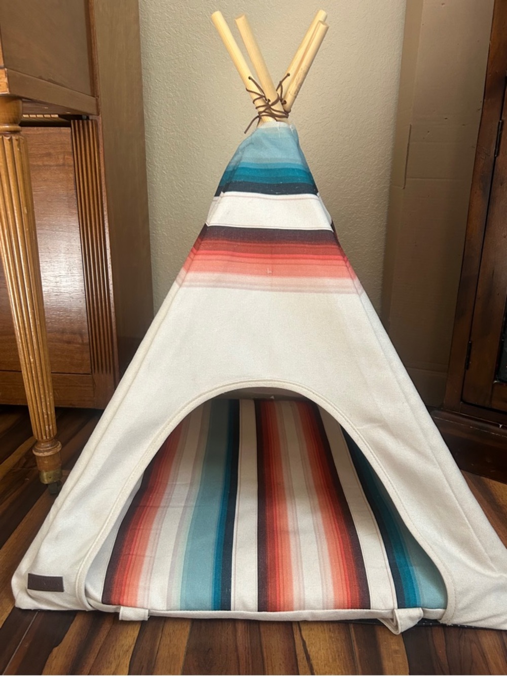 Striped Canvas Dog Teepee Bed in Cream, Teal & Coral